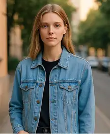 NWT AC/DC Tie Dye Back Patch Denim Jacket Light wash Blue Large