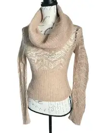 Bebe Cozy Tan Beige Cowl Neck Mohair Sweater Open Crochet Zig Zag - M