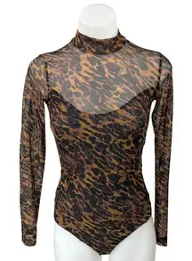 AllSaints Ambient Elia Leopard Animal Print Mesh Long Sleeve Bodysuit Top Size S