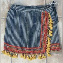 Shop the Mint Gray Striped Embroidered Wrap Short Summer Skirt With Tassels; M
