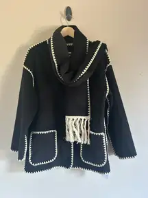 Black Cape Sweater with Cream Trim Contrast Trim Jacket With Matching Scarf med