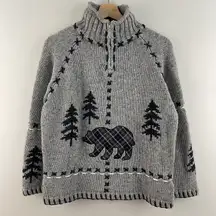 Coldwater Creek Vintage Light Grey Knit Bear Cozy Cabin Stitch Mock Neck Sweater