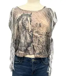 dELiA*s Y2K Horse Graphic Animal Print Fringe TShirt‎ Size Large Western