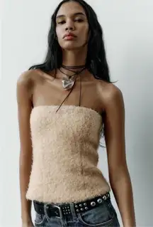 Women's Zara Fuzzy Teddy Tube Top Shirt in a cream or tan color