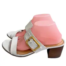 Tommy Bahama Trista Beige Canvas Block Heel Buckle Slide Sandals - Women Sz 10M