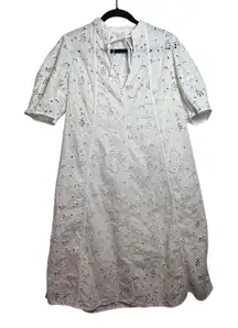 EVERLANE White Eyelet Cotton Midi Dress Puff Sleeve Tie Neck Slip Resortwear SZL