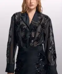 H&M Edition black sequined organza button down shirt in black NWT