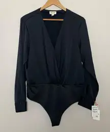 Nordstrom Open Edit Long Sleeve Deep V Bodysuit Black Size XL NWT