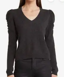 FRAME $475 Ruched Sleeve Cashmere Sweater‎ In Charcoal Heather XS S