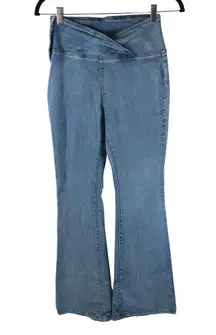 Shein Womens Jeans High Rise Flare Crossover Waist Side Zip Stretch 28