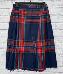Vintage Present Co Wool Pleated Wrap Midi Skirt Size S Red Blue Plaid Fringe