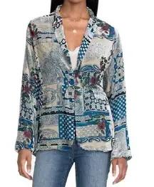 Johnny Was Womens Macy Blazer Top Button Front Long Sleeve Boho Chic Blue Large