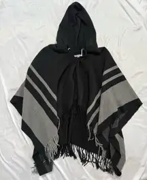 Marc New York Gray Black Stripes Hooded Poncho Shawl Fringe