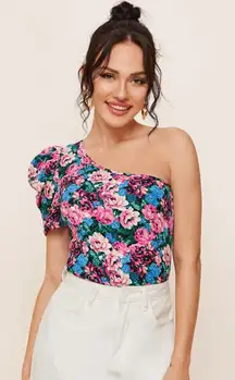 One Shoulder Puff Sleeve Floral Top Blouse Sz XL