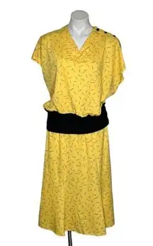 VINTAGE 80s Lucky Barbara Yellow Black Geometric Knit Skirt Set Elastic Waist