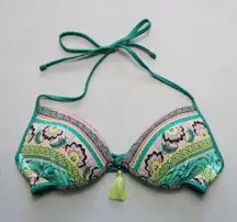 Green Floral Padded Tie Gold Bead Tassel Swim Sports Bra Bralette Bikini Top 34C
