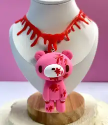 Pink Bear Pendant Necklace with Red Drip Design