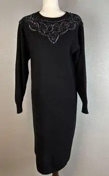 Plain Jane Sweet Baby Jane Vintage Bead Sequin Midi Sweater Dress M Medium Black