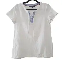 Tommy Hilfiger Womens White Short Sleeve Nautical Lace Up Shirt Size M