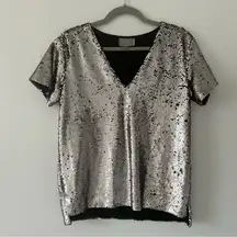 Anthropologie Vanessa Virginia Silver Sequin V Neck Short Sleeve Party Blouse XS