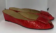 Stuart Weitzman  Red Snakeskin Embossed Leather Buckle Peep Toe Wedge Slip On 8 N