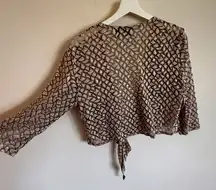 Chicos‎ Tie Front Brown Gold Sheer Animal Print Long Sleeve Blouse Top