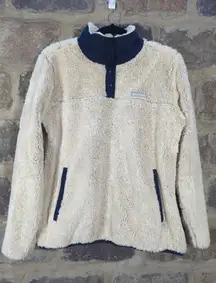Columbia Top Woman's Large Tan Blue Fuzzy 1/4‎ Snap Soft Cozy Neutral Winter