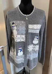 Croft & Barrow Full‎ Zip Sweater Grey Snowman Snowflake Knit Ugly Sweater Granny