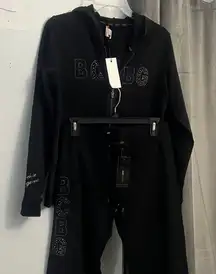 NEW SIZE MEDIUM BCBG MAXAZRIA, Black with Rhinestone Detail Hoodie & Pant Set
