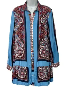 Farm Rio Blue Red White Paisley Collared Button Up Shirt Ruffle Mini Dress sz L