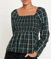 Old Navy‎ Smocked Seersucker Top Size 2X Plaid Peplum Preppy Academia Holiday