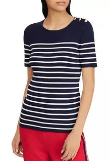 New LRL Ralph Lauren S Short Sleeve Sweater Breton Stripe Navy White Gold Button