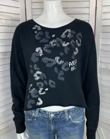 Aeropostale Cropped Cut Off Wide Fit Sweatshirt Black Large Rhinestone Cheetah
