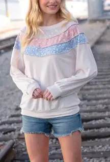 Sugarfox Floral Patchwork Seam Stitch Long Sleeve Casual Sweatshirt‎ Top 1XL