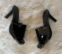 DKNY Glossy Faux Patent Leather Solid Black Open Toe Embellished Mules