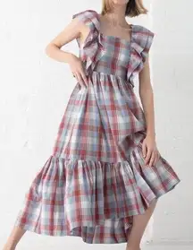 Ulla Johnson Frieda Check Gingham Red Blue White Sleeveless Ruffle Midi Dress XS