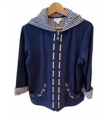 Retro  Blue Gingham Nautical Zip Sweatshirt Hoodie Patriotic M