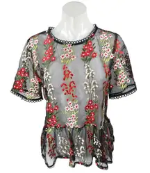 Loveriche Black Mesh Sheer Floral Embroidered Short Sleeve Peplum Blouse Top M