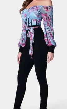 NWT BeBe PRINTED MESH OFF SHOULDER CATSUIT jumpsuit