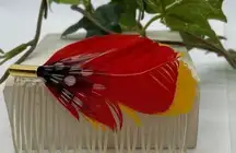 Vintage 1980s Feather Hair Comb Red Yellow Black White Polka Dot