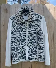 Lisa International Cream Spots Faux‎ Fur Suede Sweater Jacket Sz small zebra