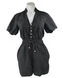 Zara Black Linen Short Sleeve V Neck Tie Waist Button Down Romper Shorts Size M
