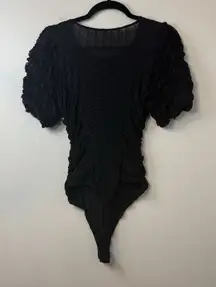 Free People Intimately Sheer Black Trendy Ruched Short Sleeve Bodysuit‎ Sz S #