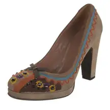 Miu Miu Vintage Bow Suede Embroidered Multicolor Flower Platform Pumps Heels