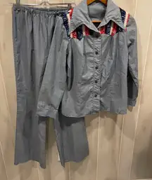 Vintage 70’s 2 piece butterfly collar handmade shirt and pull on bellbottoms set