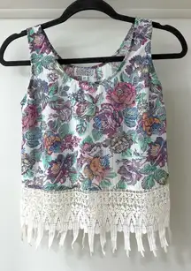 Lucca Couture Multicolor Floral Tank Top Blouse with Embroidered Fringe, Size XS