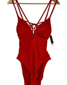 Victoria’s Secret One Piece Red Swimsuit Unique Strappy Gold Ring Cheeky Size L