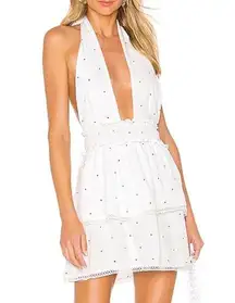 NWT Emilia Tiered Deep V Halter Mini Dress with Lace Trim in White Polka Dot