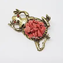 Gold-Tone Frog Brooch w/ Blush Rose Colored Stone Body & Red Eyes