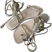 Nicole Miller Lace-Up Sandals gold toned tassels braided size 6 leather